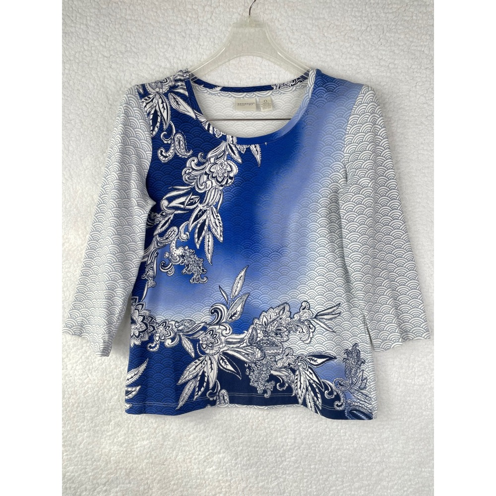 Zenergy by Chicos Blue White Floral Wave Print 3/4 Sleeve Top Size 0‎ Small